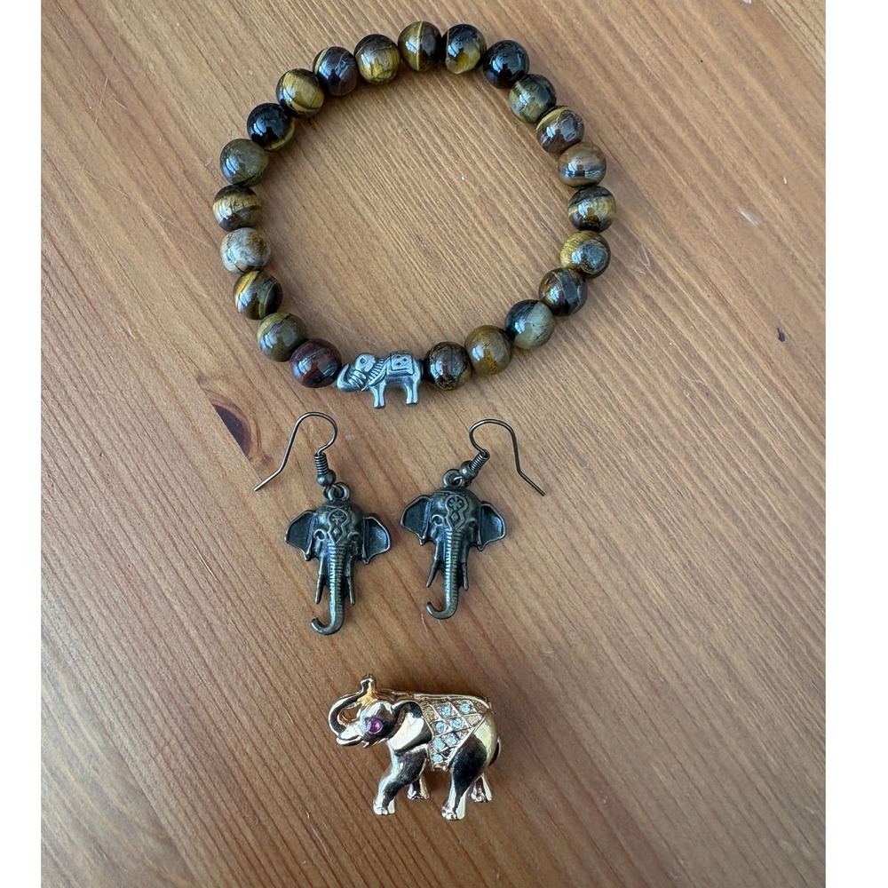 Elephant‎ Jewelry Set Tigers Eye Beaded Bracelet Earrings Rhinestone Brooch Lot
